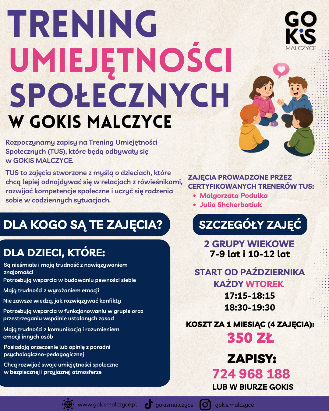 You are currently viewing NOWOŚĆ W GOKiS Malczyce – TRENING UMIEJĘTNOŚCI SPOŁECZNYCH (TUS)! 🌟